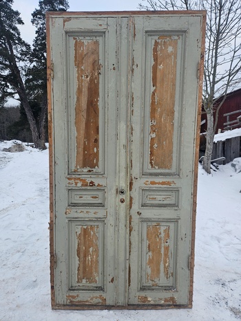 Pardörr med karm, 126x249x14,5, finns på Överjärva Byggnadsvård