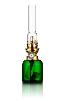 Koholmen, fotogenlampa i grönt klarglas